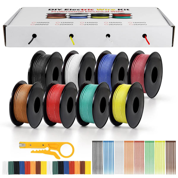 26 AWG Silicone Wire Spool Set, Stranded Tinned Copper Electrical Cable, Flexible Hook Up Wire for LED Strip Lights, RC Models, DIY Electronics, 3m–15m Each Roll × 8 Colors