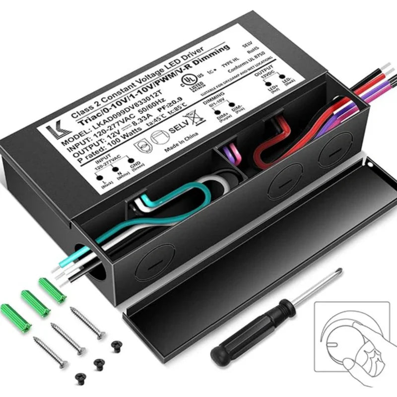 12V DC 5-in-1 Dimmable LED Power Supply – 60W / 100W / 200W UL Listed Waterproof LED Driver, AC 120–277V Input, Compatible with Triac / ELV / 0-10V / PWM / Resistive Dimming