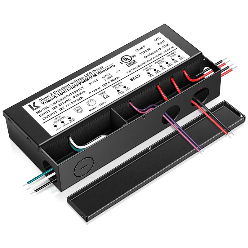 12V DC 5-in-1 Dimmable LED Power Supply – 60W / 100W / 200W UL Listed Waterproof LED Driver, AC 120–277V Input, Compatible with Triac / ELV / 0-10V / PWM / Resistive Dimming