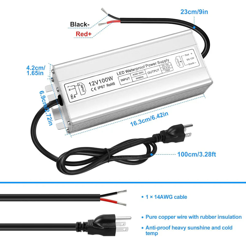 12V Waterproof LED Power Supply, 30W–300W Outdoor LED Driver, 90–265V AC Input, Single or Dual Wire Output, CE/RoHS/FCC Certified, US / UK / EU Plug &amp; Wire Lead Options