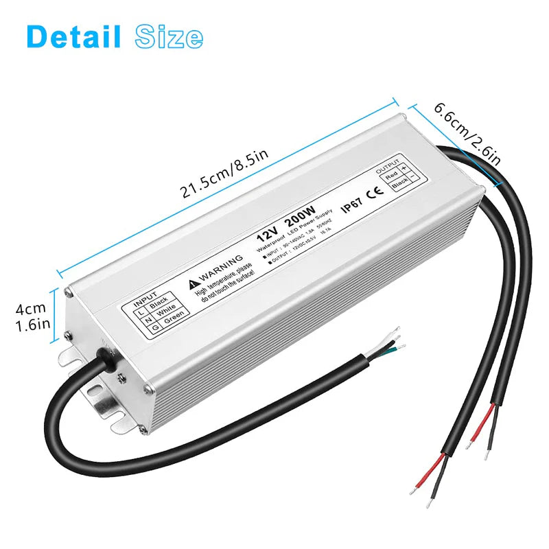 12V Waterproof LED Transformer, 200W–500W Outdoor LED Driver, 90–140V AC Input, Single or Dual Wire Output, CE/RoHS/FCC Certified, US Plug & Wire Lead Options