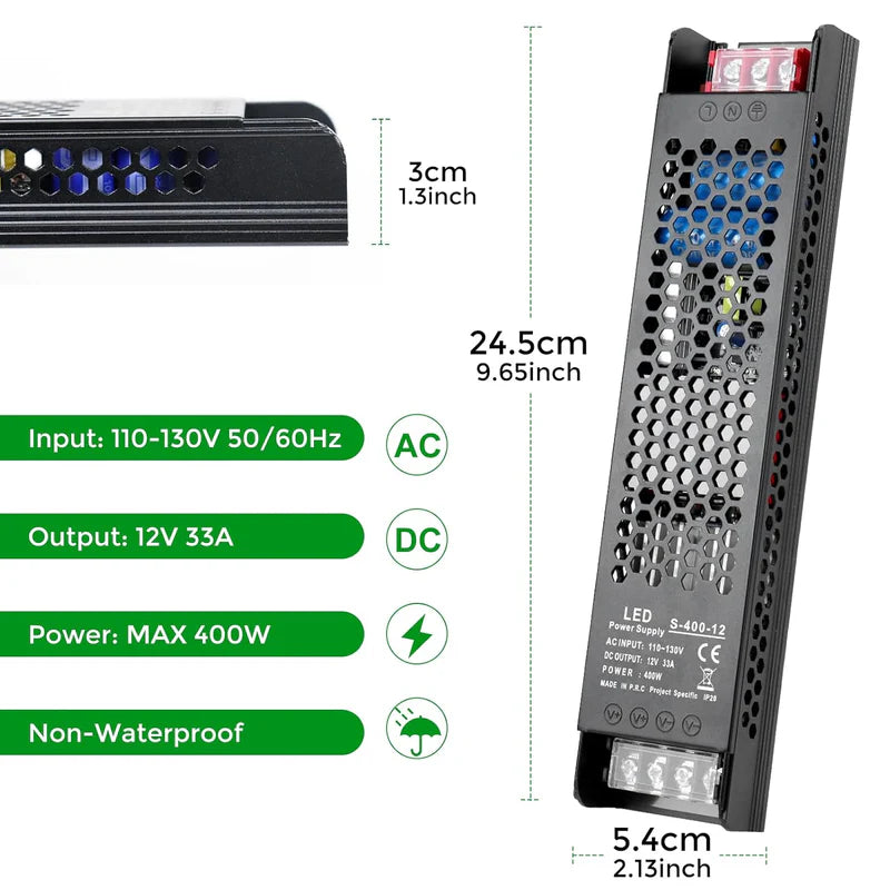 Slim Black DC 12V/24V 300W–400W Switching Power Supply, AC 110–130V/175–250V Input, LED Driver Transformer with Built-in Cooling Fan, CE/FCC/RoHS Certified
