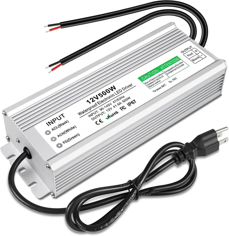 12V Waterproof LED Transformer, 200W–500W Outdoor LED Driver, 90–140V AC Input, Single or Dual Wire Output, CE/RoHS/FCC Certified, US Plug & Wire Lead Options