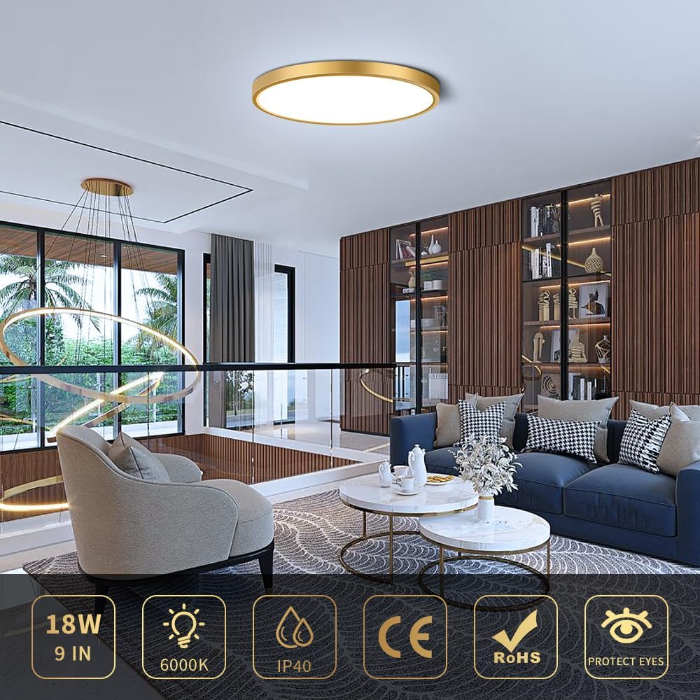 AC 110–130V Round Gold LED Ceiling Light, 18W / 24W / 32W Options 3000K / 4500K / 5000K / 6500K Flush Mount Ceiling Light Local Stock (US)