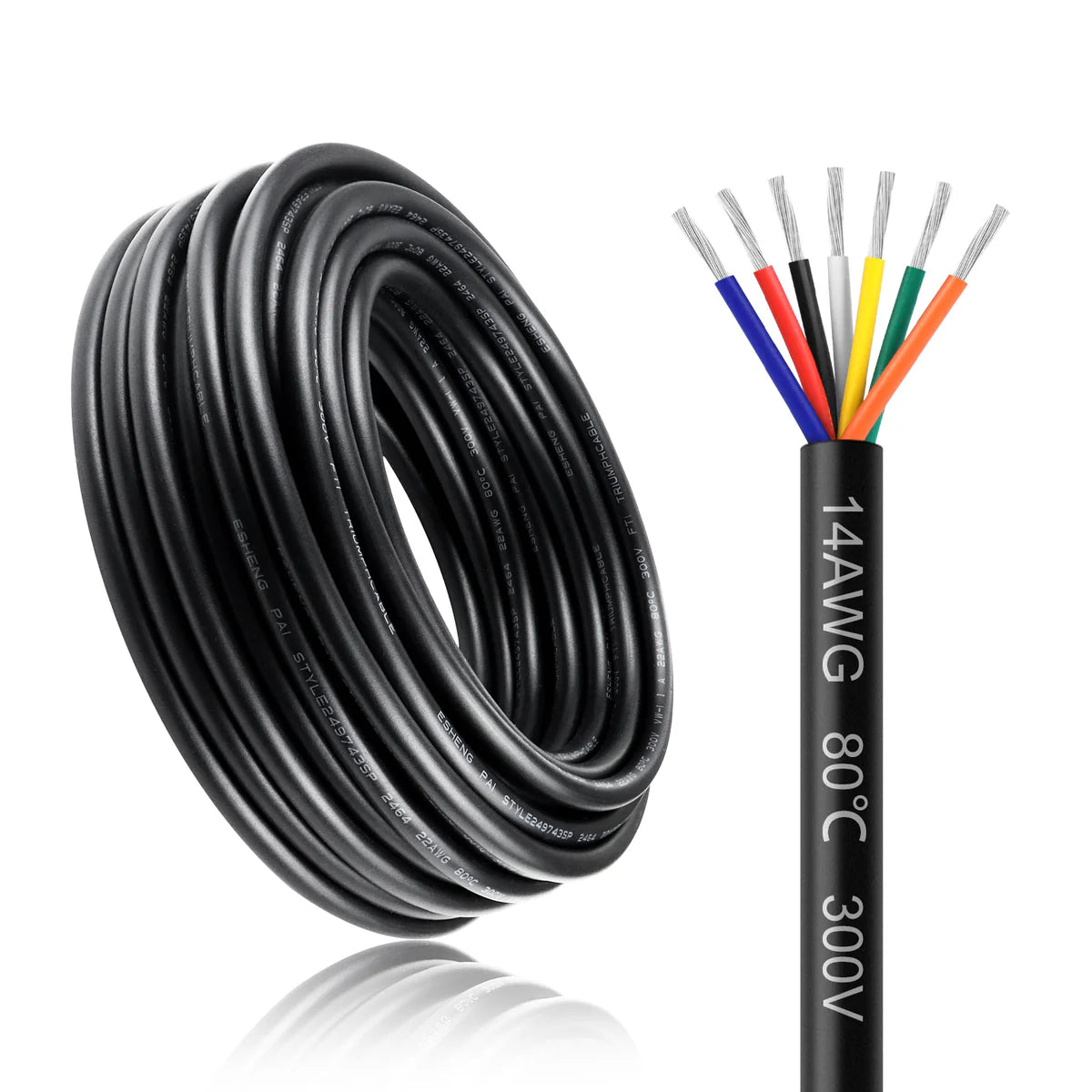 14 AWG 6/7/8 Conductor Black/White PVC Insulated Copper Cable – Multi-Core Control Cable Flexible Wire for LED & Electrical Systems – 5m (16.5ft)