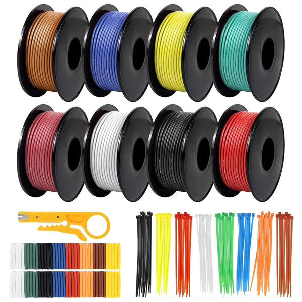 30 AWG Silicone Wire Spool Kit, Stranded Tinned Copper Electrical Hook Up Cable, Flexible Heat Resistant Wire Set for Professional Electronics, LED, DIY Projects, 3m–15m Each Roll × 8 Colors