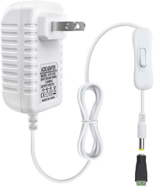 DC 12V Plug-in LED Adapter with On/Off Switch, 12W, US Plug, White Housing, 100–240V AC Input - Power Supply for LED Strip Lights, Under Cabinet Lighting and Home Lighting