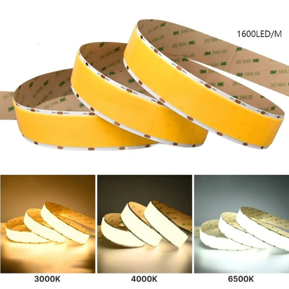 Five Row COB LED Strip Light 24V 1600LEDs/M, 30mm Flexible Dot-Free LED Tape, CRI90+ Non-Waterproof, 3000K / 4000K / 6500K for Cabinet Kitchen Lighting, 5M/10M Pack