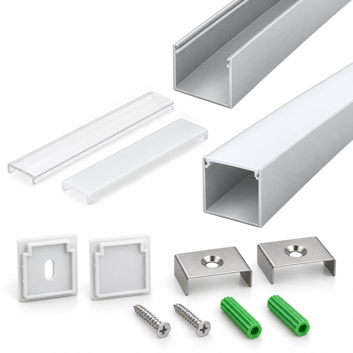 Silver U06 24x24mm U-Shape LED Aluminum Channel, 20mm Inner Width, with Cover, End Caps & Mounting Clips for Spot-Free LED Strip Lighting