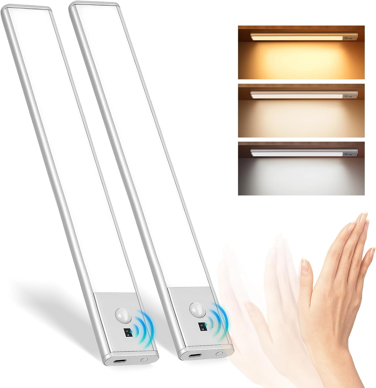 LightingWill Rechargeable Under Cabinet Light 2 Pack 9” / 12”, 3CCT 3000K/4000K/6000K LED Cabinet Light, Motion Sensor and Touch Dimming, Magnetic Mount for Cabinet Lighting, Silver or Black Finish