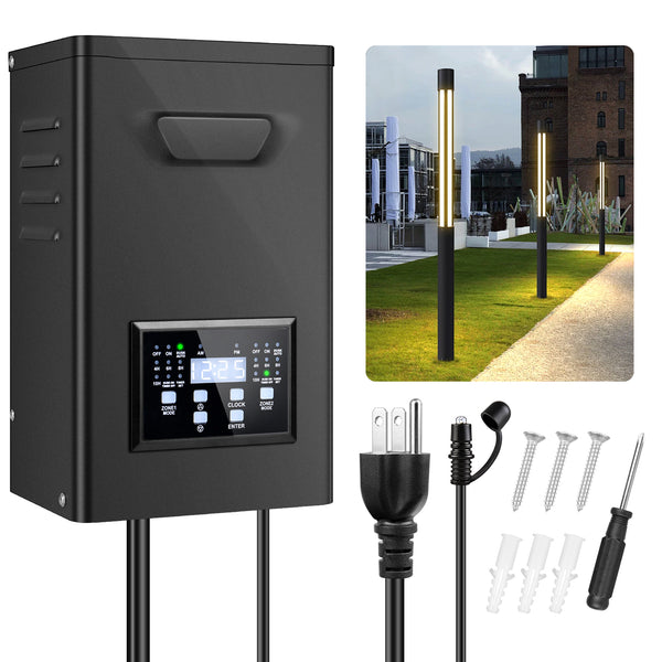 600W Landscape Lighting Transformers – 120V to 12V/15V AC, Dual Zone, Timer & External Photocell, Power Supply for Landscape Lighting Systems