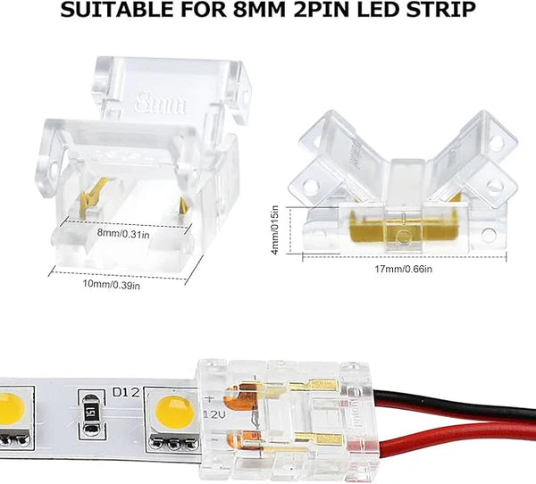 LightingWill LED Strip Connector 8mm 2Pin Transparent Solderless Clips, LED Light Strip Connector Crystal Strip to Wire Strip to Strip DC Adapter L Connector, Bulk 500pcs MOQ Factory Direct
