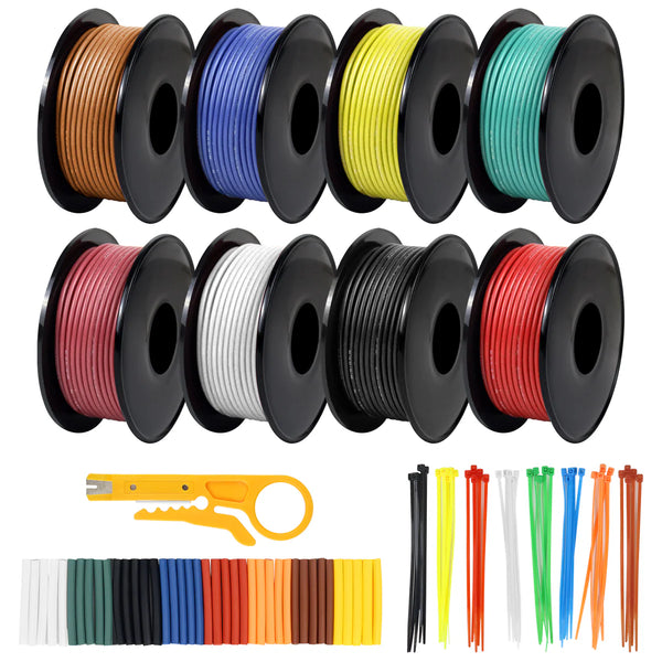 20 AWG Silicone Electrical Wire, Stranded Tinned Copper Hook Up Cable, Flexible Wire Spool Kit, 3m–15m Each Roll × 8 Colors for LED Strip, Automotive, RC Models, DIY Projects