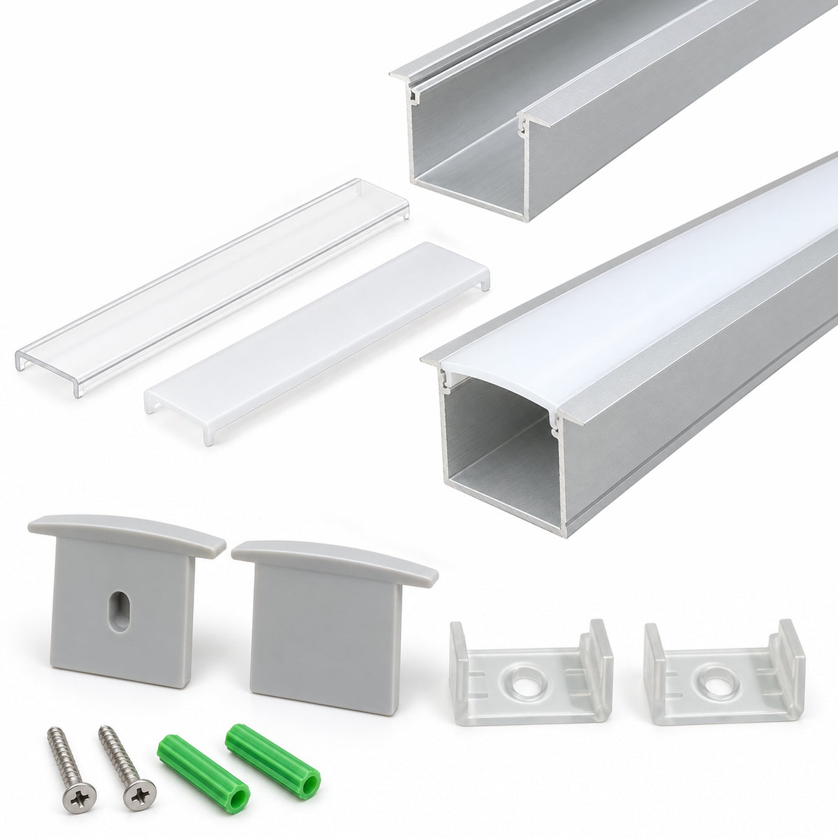 Silber U05 36 x 24 mm U-Form Innenbreite 20 mm LED-Aluminium-Kanalsystem mit Abdeckung, Endkappen und Befestigungsklammern Aluminiumprofil für LED-Lichtstreifen ohne Punktinstallationen