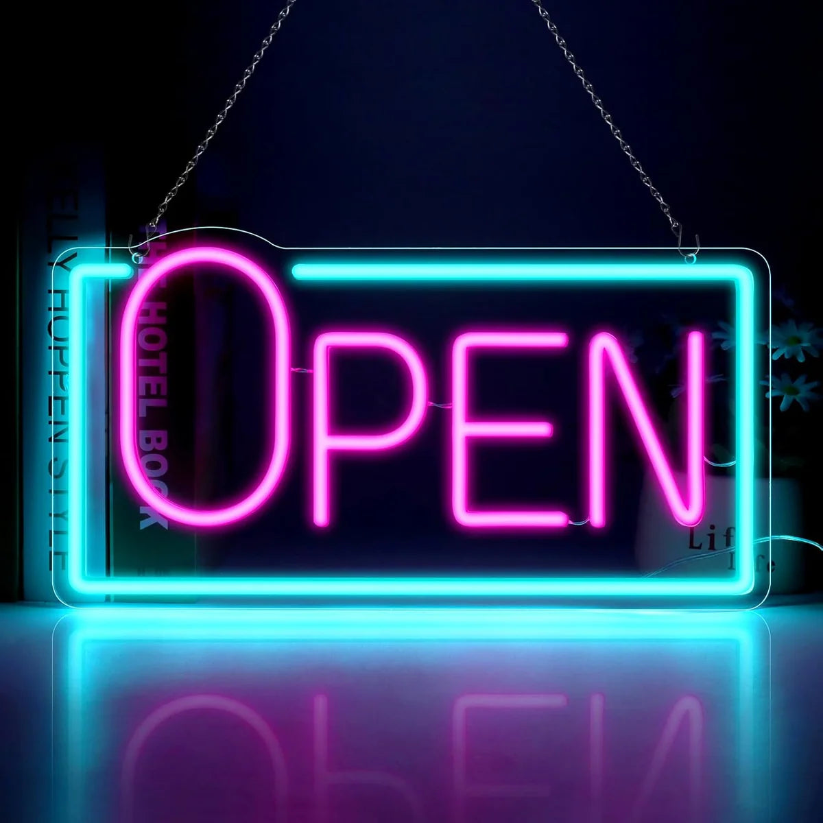 OPEN Neon Sign – 5 Glow Color Options | Big “O” Style | 17×9 inch (42×22 cm) | Window Hanging | Plug & Play for Storefronts