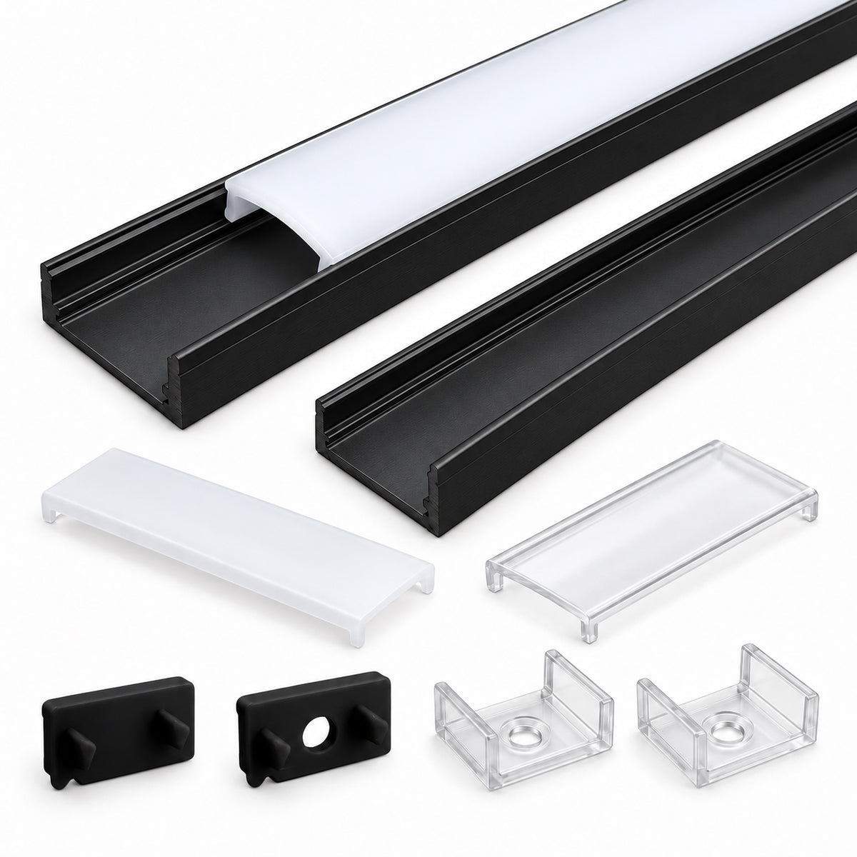 Black U02 9x17mm U-Shape LED Aluminum Channel, 12mm Inner Width, with Cover, End Caps & Mounting Clips