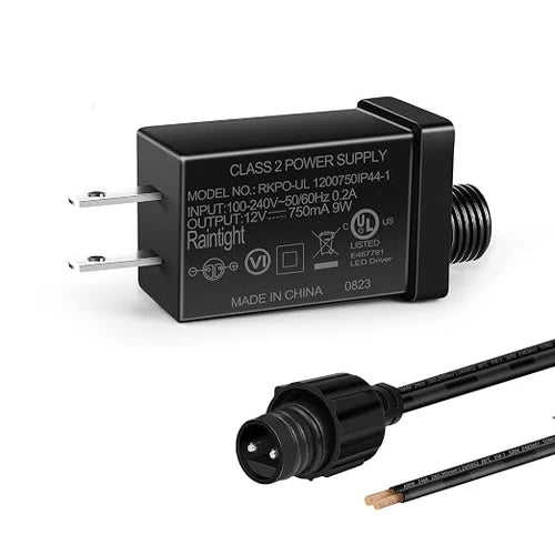 9W IP44 Class 2 Plug-in LED Adapter, AC 100–240V to DC 12V Adapter Transformer - Waterproof Power Supply for Outdoor String Lights, Decorative Lighting and Holiday Decorations