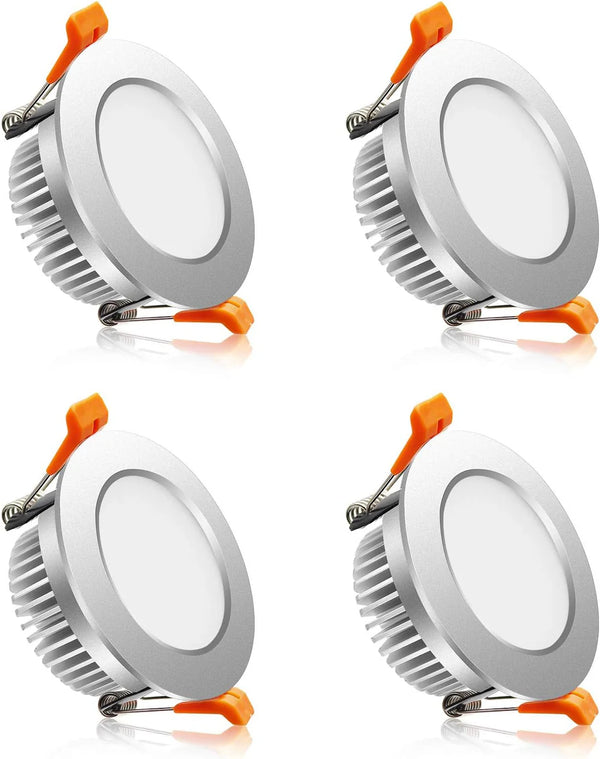 3W/5W/7W/9W Recessed LED Downlight Silver Housing, TRIAC Dimmable, 2700K–6000K, 100–130V / 200–240V, 4 Pack for Bedroom & Living Room Lighting