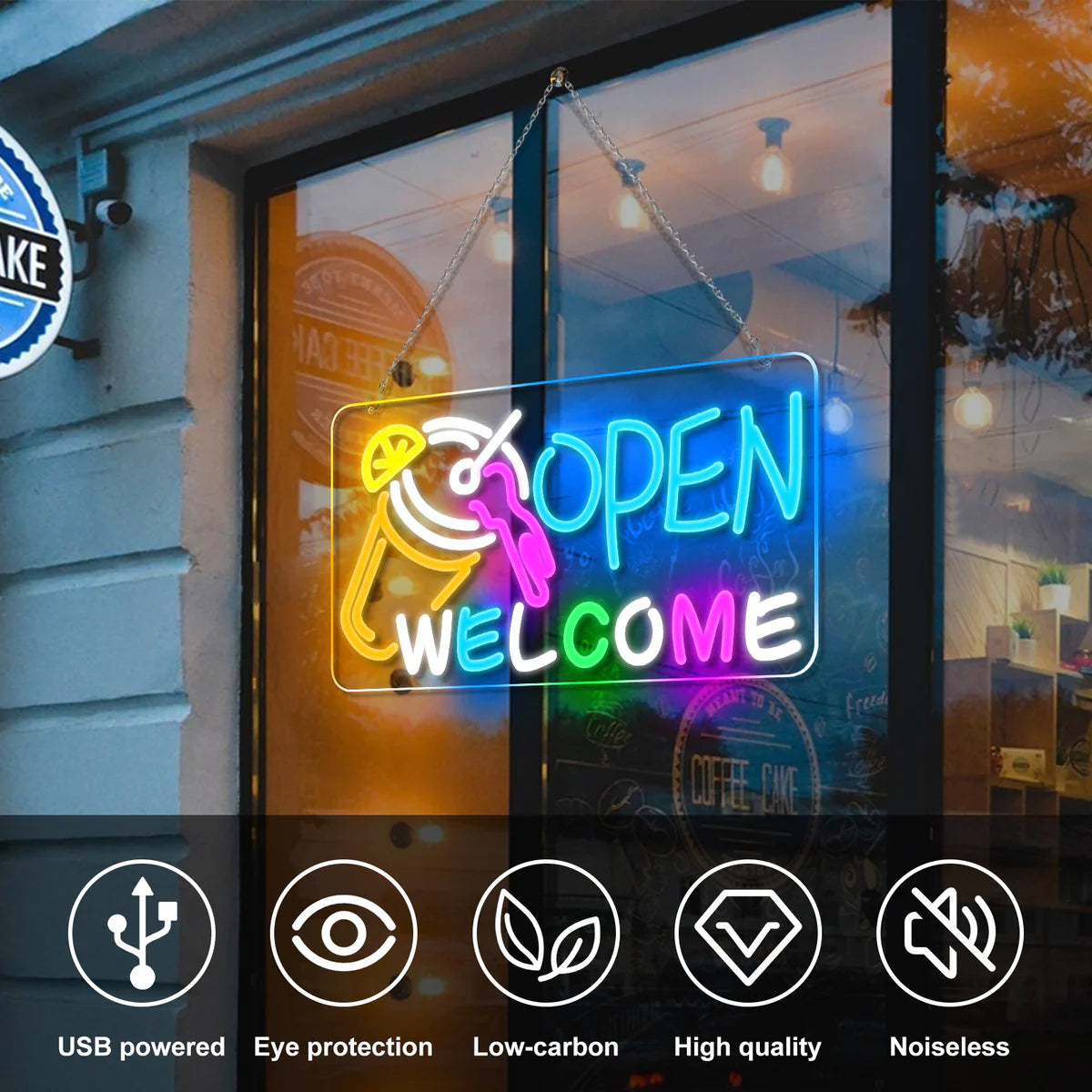 OPEN WELCOME Neon Sign – Multicolor Glow | USB Powered | 16×9 inch (41×23 cm) | LED Window Light with Cocktail Design for Bar, Café, Storefront