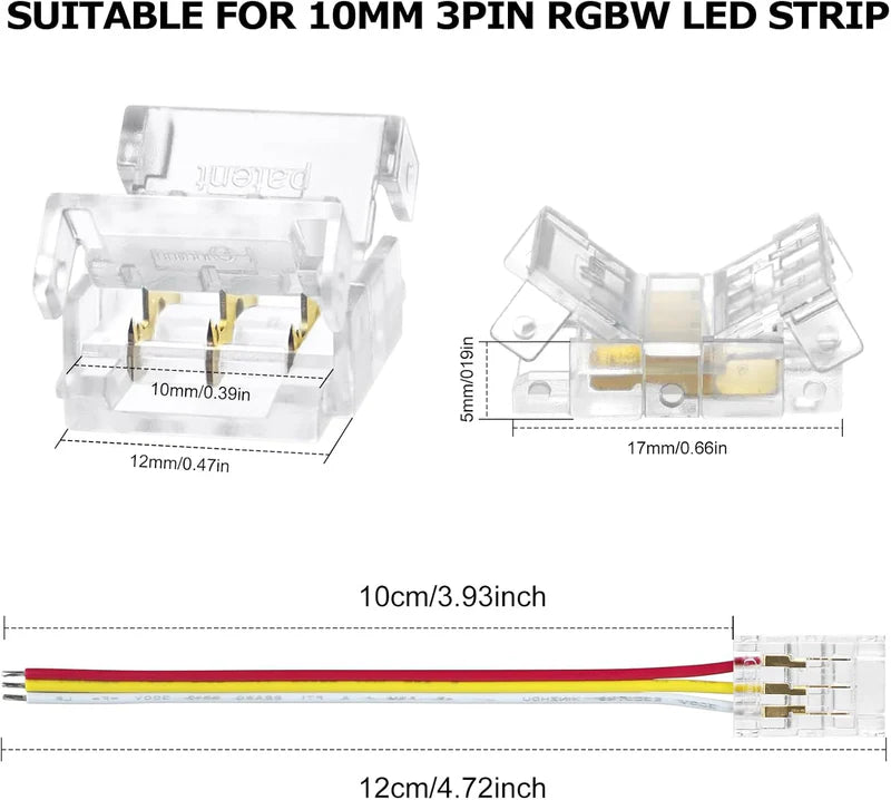 LightingWill LED Strip Connector 10mm 3Pin Transparent Solderless Clips, LED Light Strip Connector Strip to Wire Strip to Strip DC Adapter Connector for RGB IC Strip, Local Stock US UK
