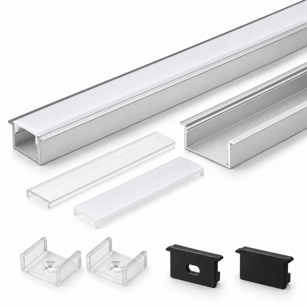 Silver U01 9x23mm U-Shape LED Aluminum Channel, 12mm Inner Width, with Cover, End Caps & Mounting Clips