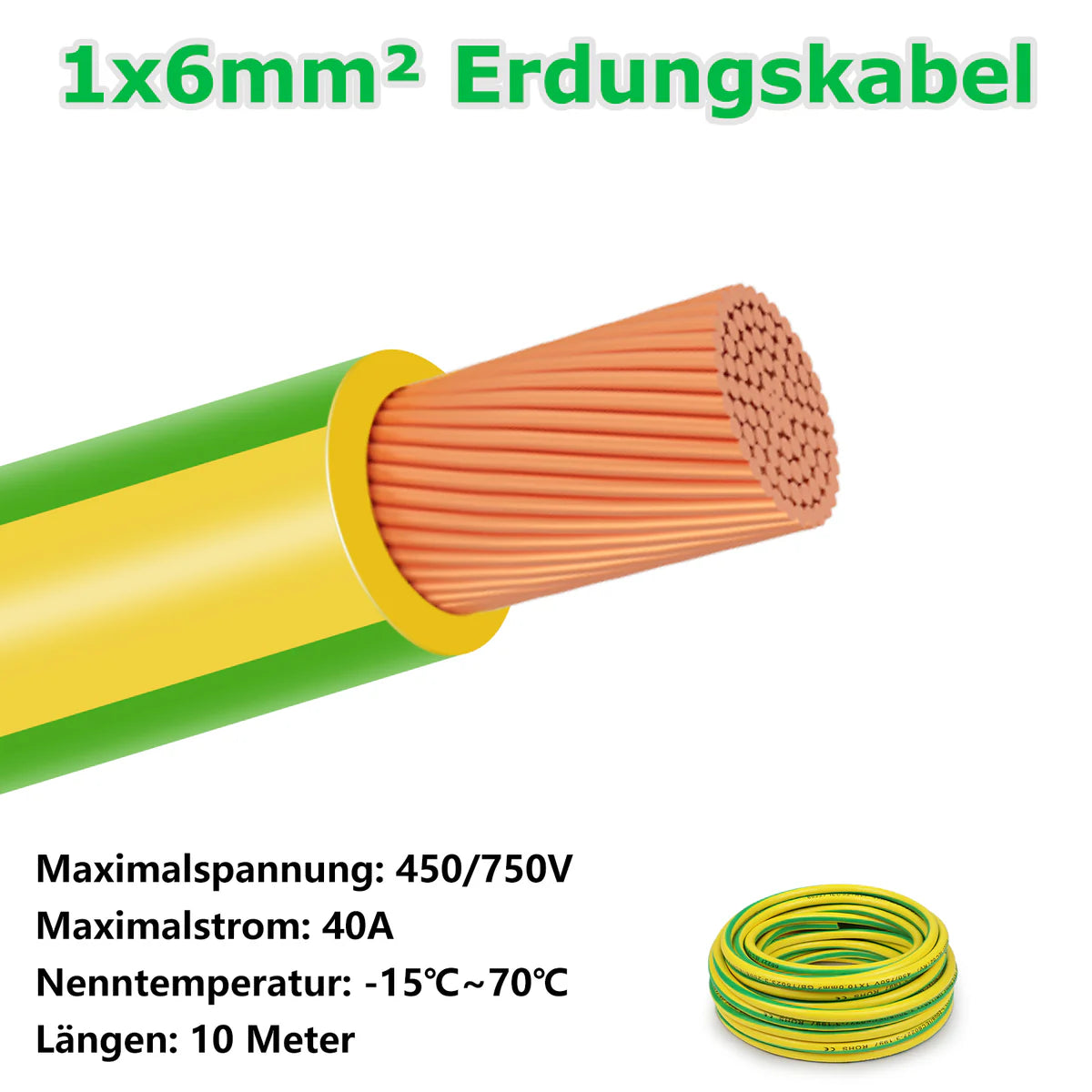 6mm² Ground Cable 10m–30m, Flexible Electrical Wire for Earthing, Wiring and Safety Installations, Green-Yellow Earth Wire PVC