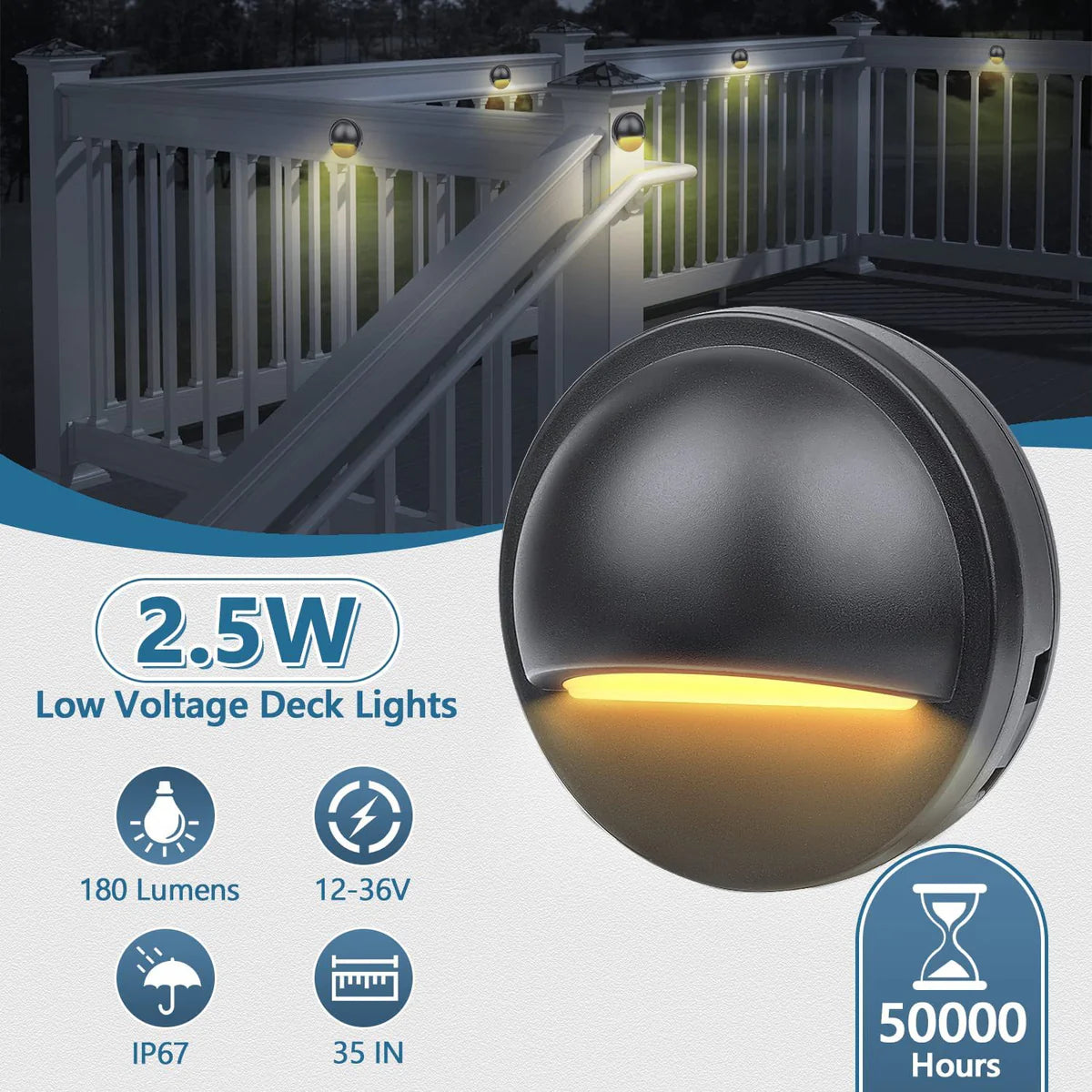 Low Voltage LED Deck Lights - 3000K / 4000K | 2.5W | AC/DC 12–36V | IP67 Waterproof | Outdoor Lights for Walkway Stair Post Railing | 6 /12-Pack