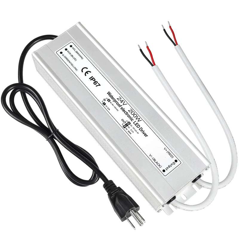 24V Waterproof LED Transformer – 200W–500W Outdoor LED Driver, 90–140V AC Input, Single or Dual Wire Output, CE/RoHS/FCC Certified, US Plug & Wire Lead Options