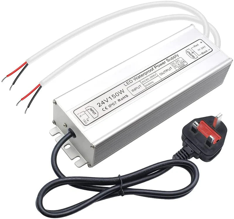 24V Waterproof LED Power Supply – 30W–300W Outdoor LED Driver, 90–265V AC Input, Single or Dual Wire Output, CE/RoHS/FCC Certified, US/UK/EU Plug & Wire Lead Options