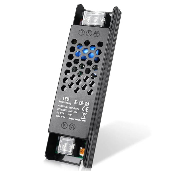 DC 12V/24V Slim Black LED Switching Power Supply 36W–200W, AC 110–250V Input, Slim LED Driver Transformer with Compact Metal Case, CE/FCC/RoHS Certified