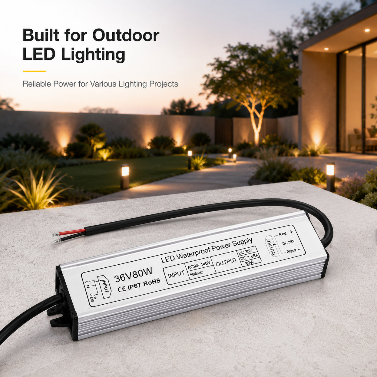 80W 12V/24V/36V/48V Waterproof LED Power Supply, 90-265V Input, Single Output, Aluminum Housing, Outdoor LED Lighting Driver, CE/RoHS/FCC Certified, US/UK/EU Plug