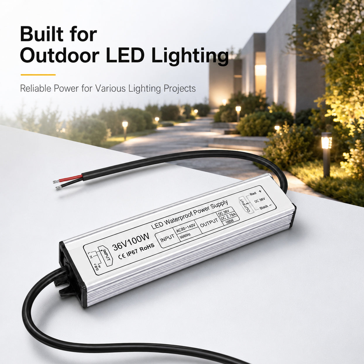 100W 36V/48V Waterproof LED Power Supply, 90-140V Input, Single Output, Aluminum Housing, Outdoor LED Lighting Driver, CE/RoHS/FCC Certified, US Plug