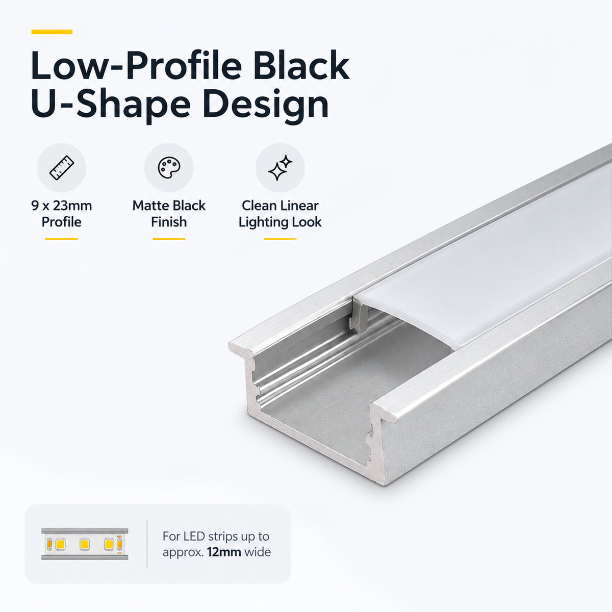 Silbernes U01 9 x 23 mm U-förmiges Innenprofil, Breite 12 mm, LED-Aluminium-Kanalsystem mit Abdeckung, Endkappen und Befestigungsclips für die Installation von LED-Lichtstreifen