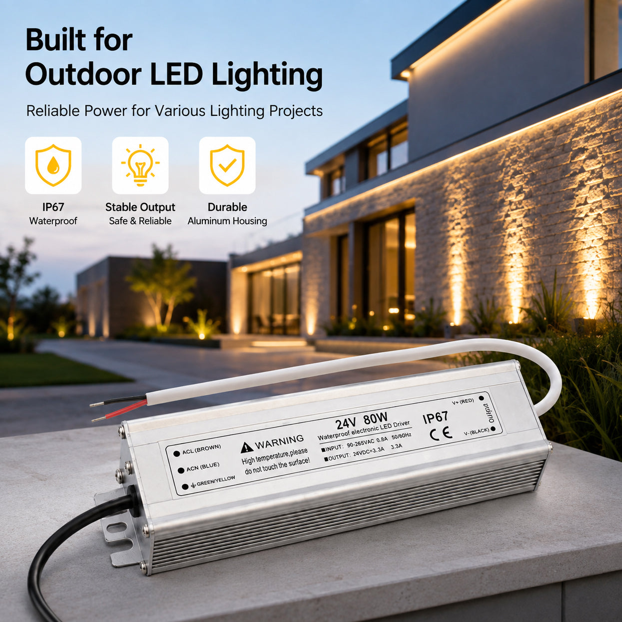 80W 12V/24V/36V/48V Waterproof LED Power Supply, 90-265V Input, Single Output, Aluminum Housing, Outdoor LED Lighting Driver, CE/RoHS/FCC Certified, US/UK/EU Plug