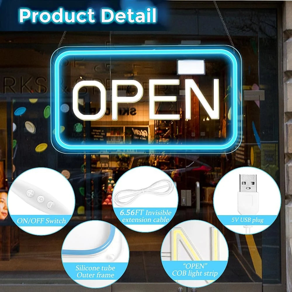 OPEN Neon Sign – 6 Color Options | USB Powered | 16×9 inch (44×24 cm) | LED Window Hanging Light for Storefronts