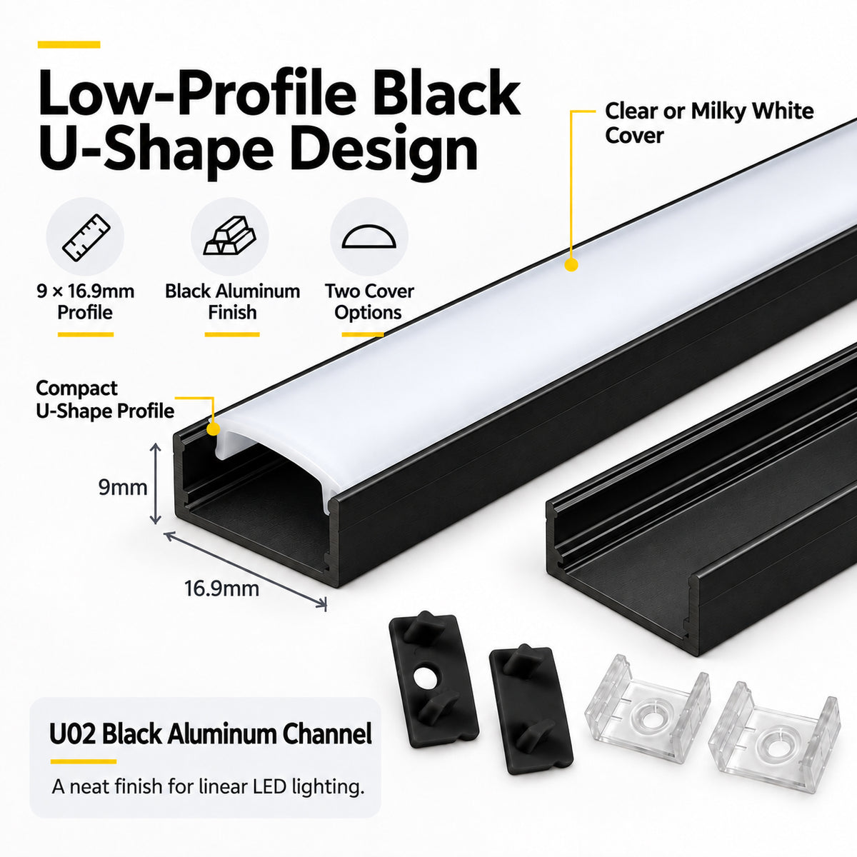 Black U02 9x17mm U-Shape LED Aluminum Channel, 12mm Inner Width, with Cover, End Caps & Mounting Clips