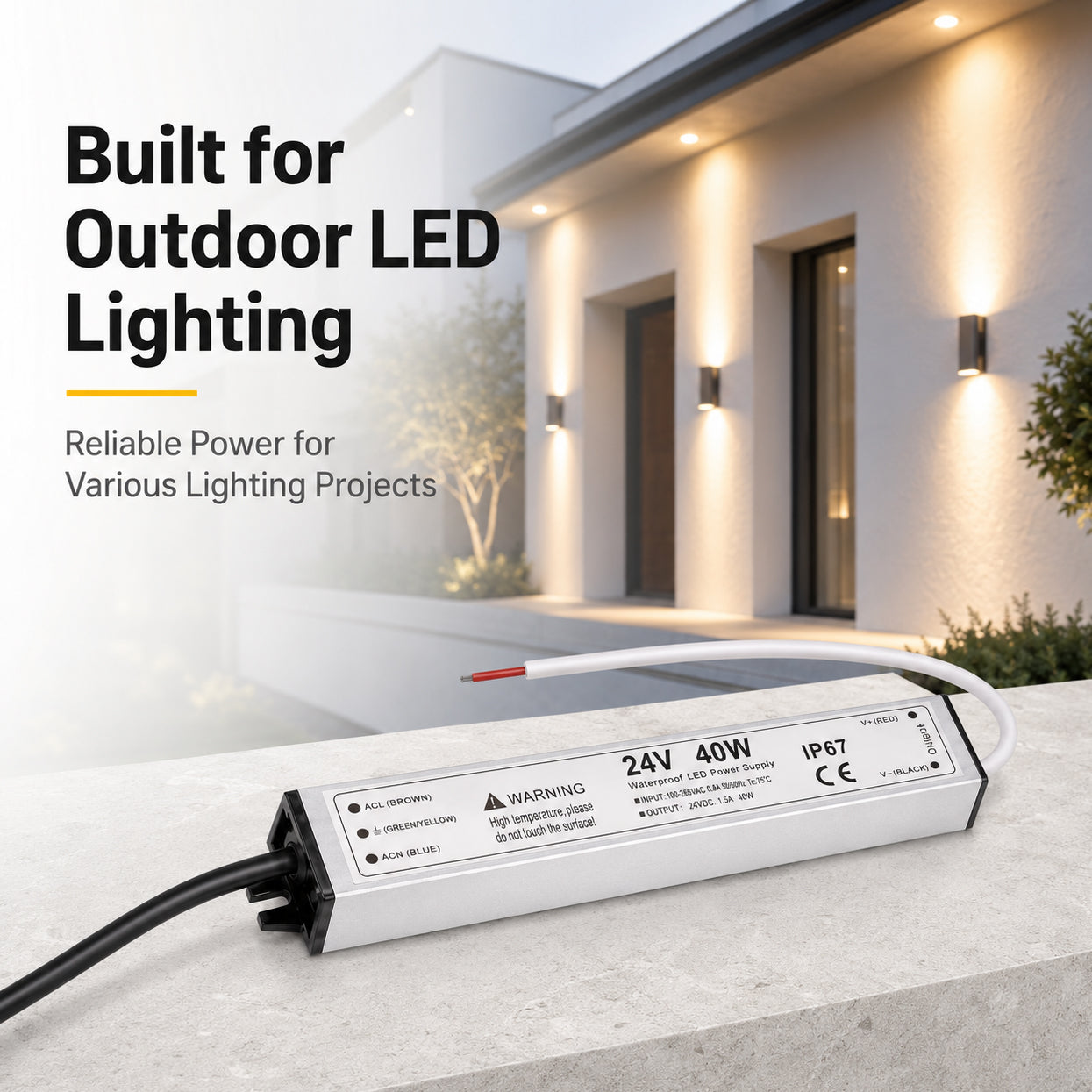 40W 12V/24V Waterproof LED Power Supply, 90-265V Input, Single Output, Aluminum Housing, Outdoor LED Lighting Driver, CE/RoHS/FCC Certified, US/UK/EU Plug
