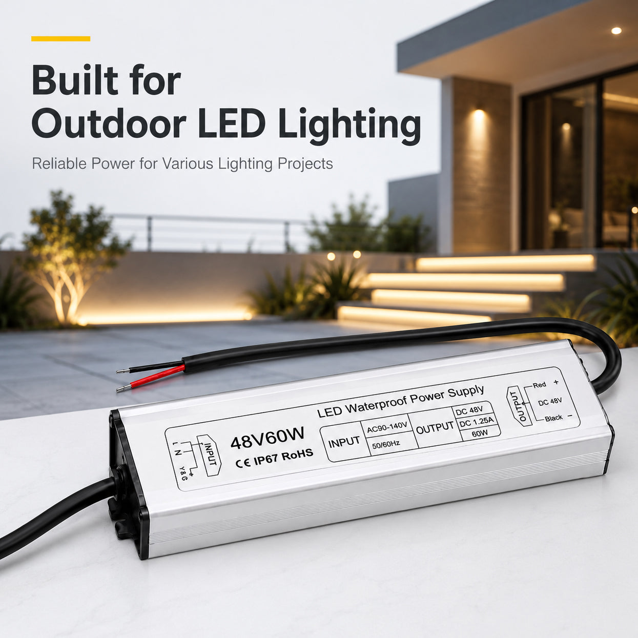 60W 12V/24V/36V/48V Waterproof LED Power Supply, 90-265V Input, Single Output, Aluminum Housing, Outdoor LED Lighting Driver, CE/RoHS/FCC Certified, US/UK/EU Plug