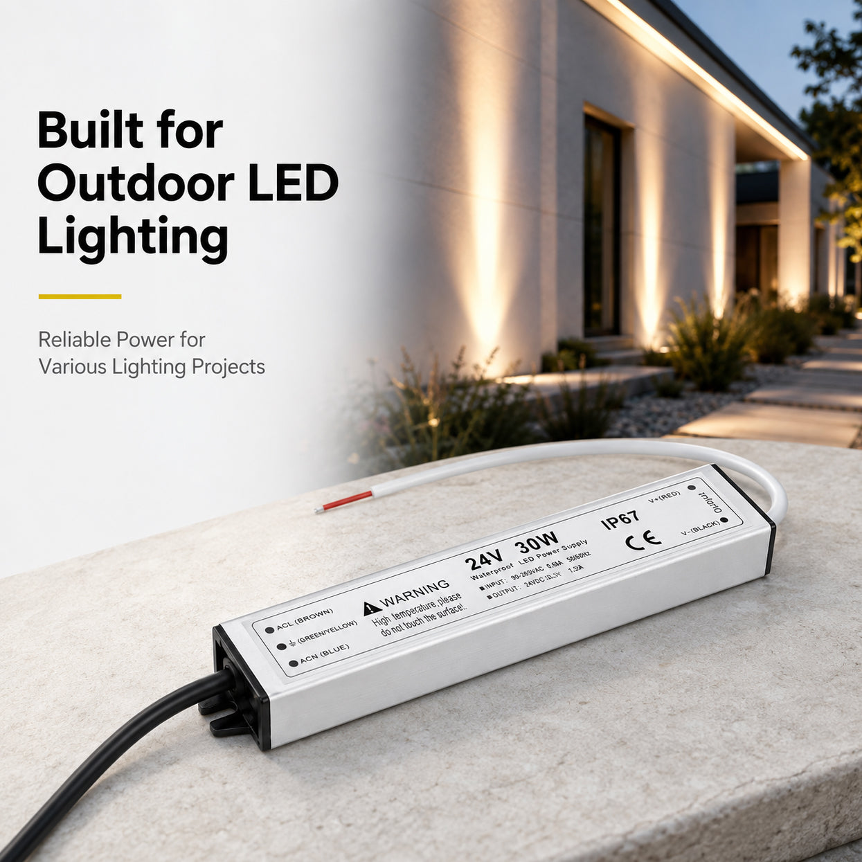 30W 12V/24V Waterproof LED Power Supply, 90-265V Input, Single Output, Aluminum Housing, Outdoor LED Lighting Driver, CE/RoHS/FCC Certified, US/UK/EU Plug