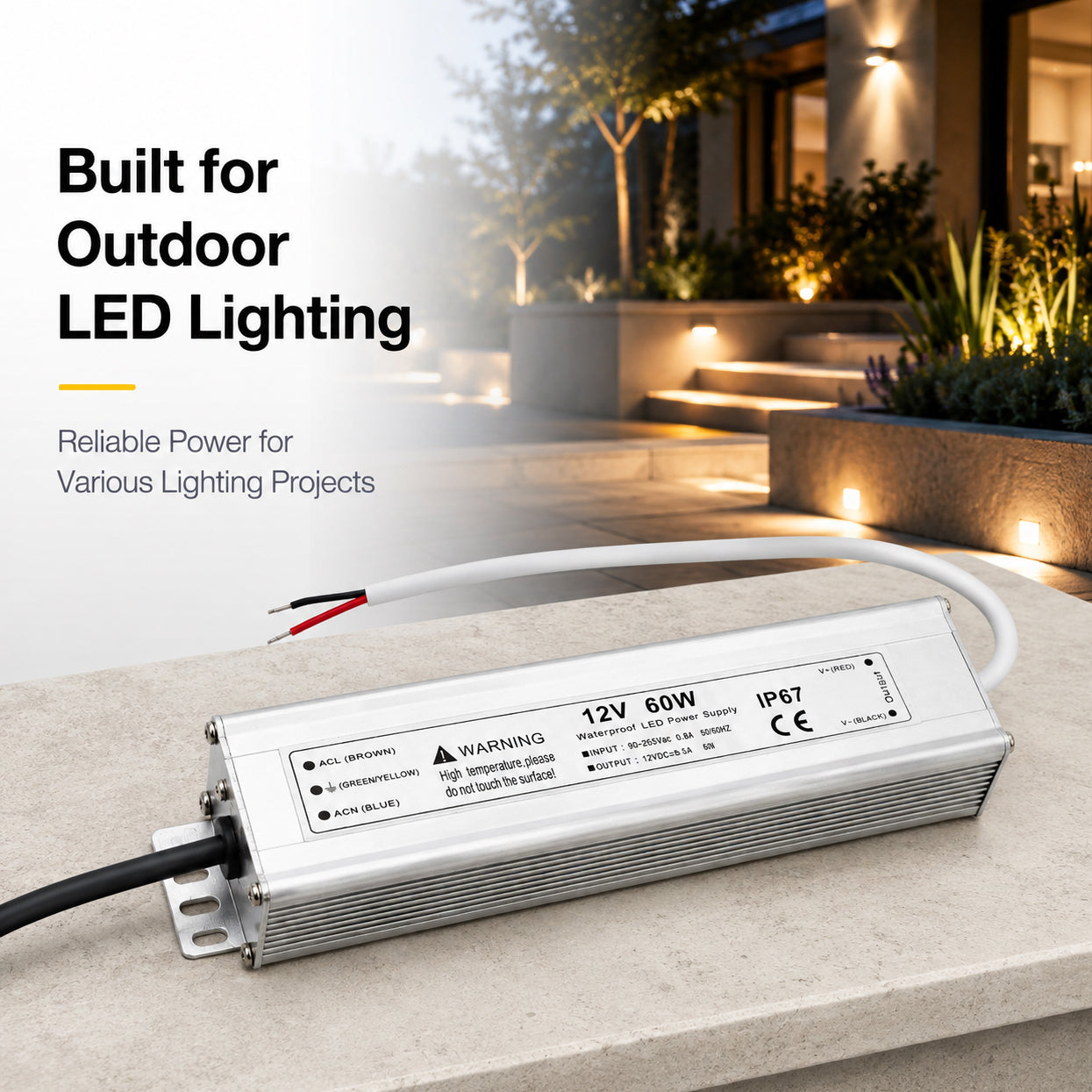 60W 12V/24V/36V/48V Waterproof LED Power Supply, 90-265V Input, Single Output, Aluminum Housing, Outdoor LED Lighting Driver, CE/RoHS/FCC Certified, US/UK/EU Plug