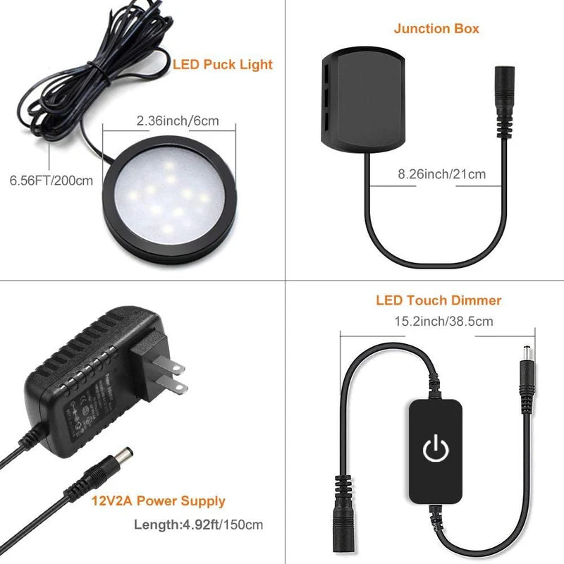 LightingWill LED Puck Cabinet Lights 3/6 Pack 12V Adapter, Touch Dimmable Under Cabinet Lights, Warm White / Daylight White, Black Finish, Adhesive Mount for Kitchen and Cabinets, US / UK Plug
