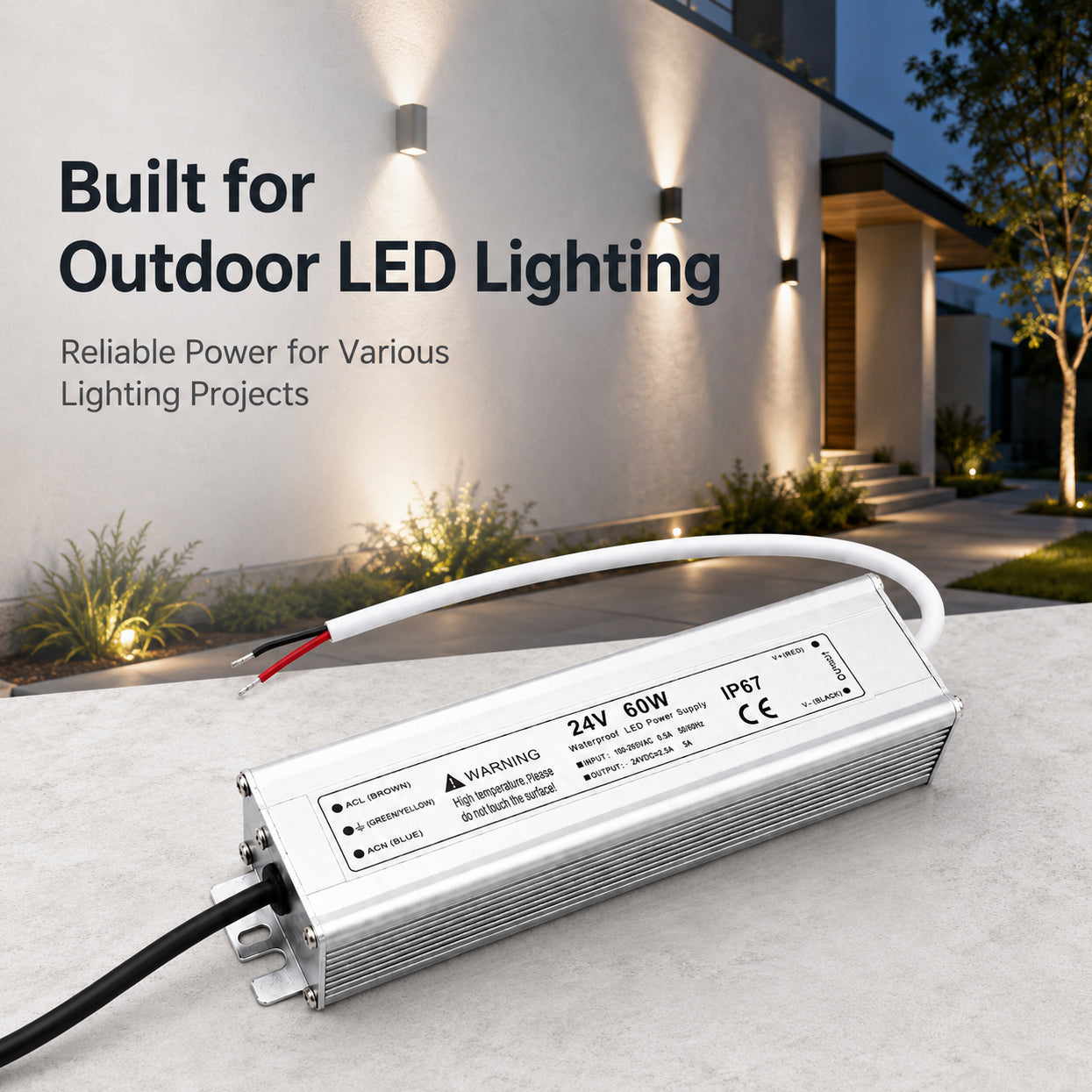60W 12V/24V/36V/48V Waterproof LED Power Supply, 90-265V Input, Single Output, Aluminum Housing, Outdoor LED Lighting Driver, CE/RoHS/FCC Certified, US/UK/EU Plug