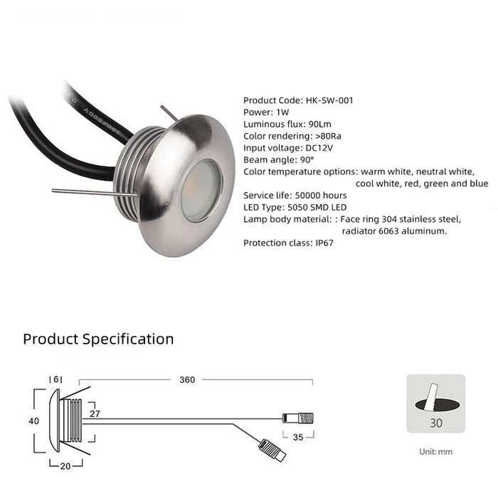 8/10-Pack Low Voltage LED Wall Corner Lights – 3000K / 4000K / 6000K / Red / Green / Blue | 1W | DC12–24V | IP67 Waterproof Stainless Steel Anti-Glare Step & Path Lights
