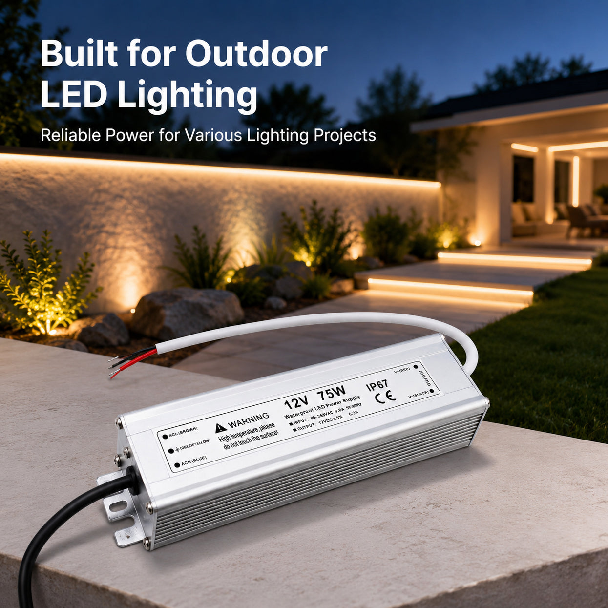 75W 12V Waterproof LED Power Supply, 90-265V Input, Single Output, Aluminum Housing, Outdoor LED Lighting Driver, CE/RoHS/FCC Certified, US/UK/EU Plug