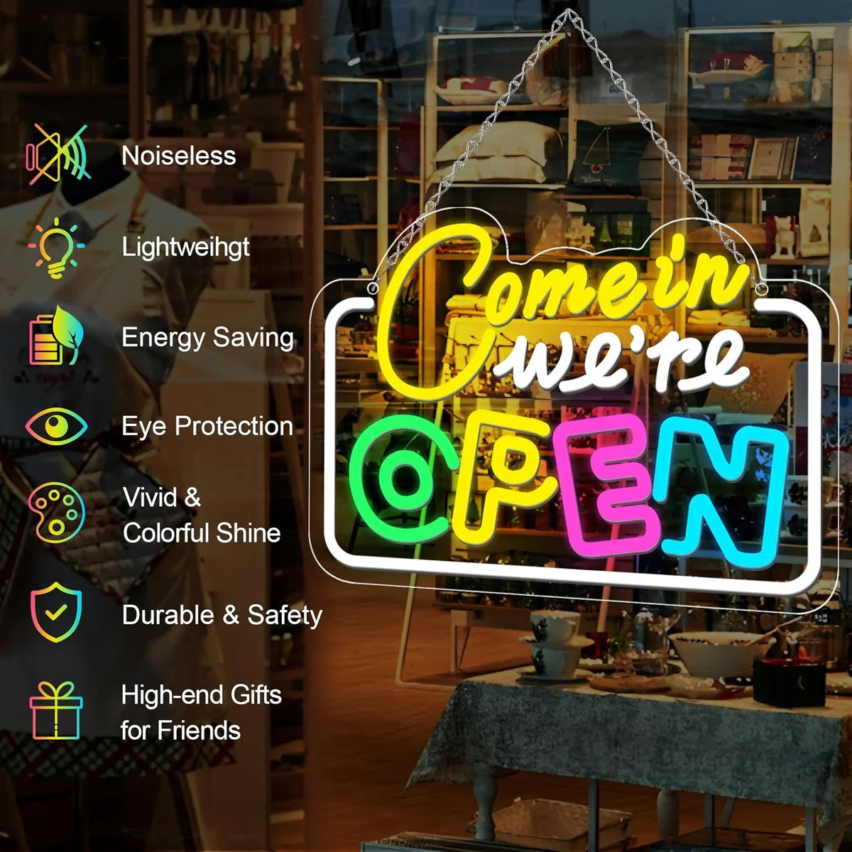 Come in We’re Open Neon Sign – Multicolor Glow | 15.7×11.8 inch (40×30 cm) | Window Hanging Business Sign | Plug & Play