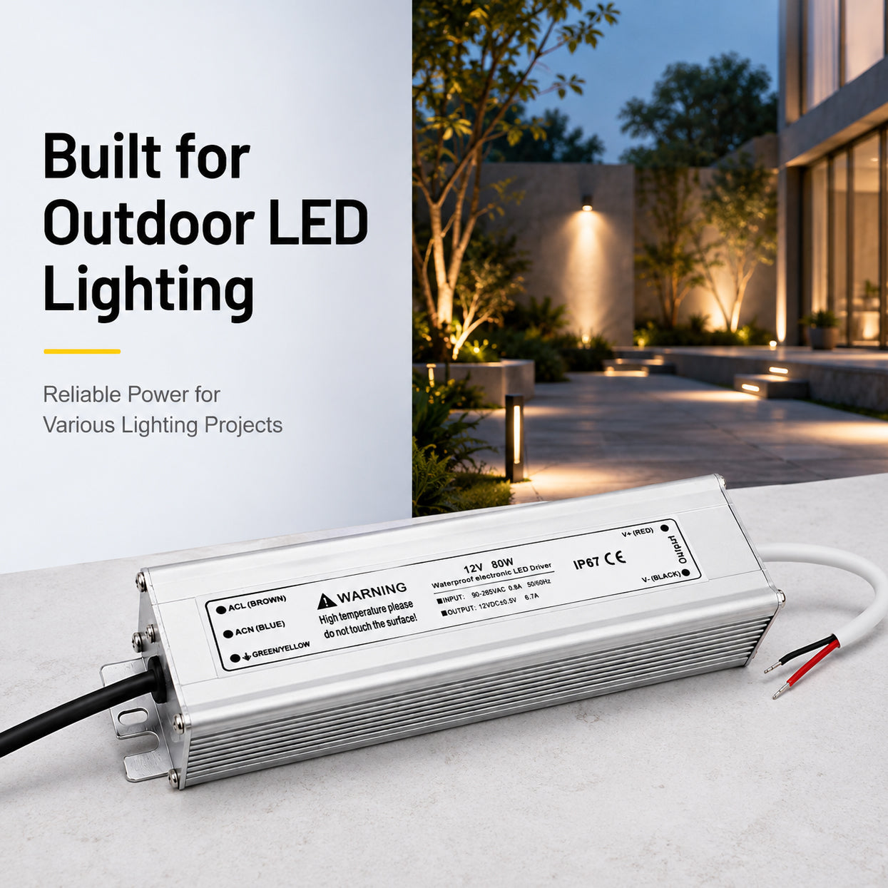 80W 12V/24V/36V/48V Waterproof LED Power Supply, 90-265V Input, Single Output, Aluminum Housing, Outdoor LED Lighting Driver, CE/RoHS/FCC Certified, US/UK/EU Plug