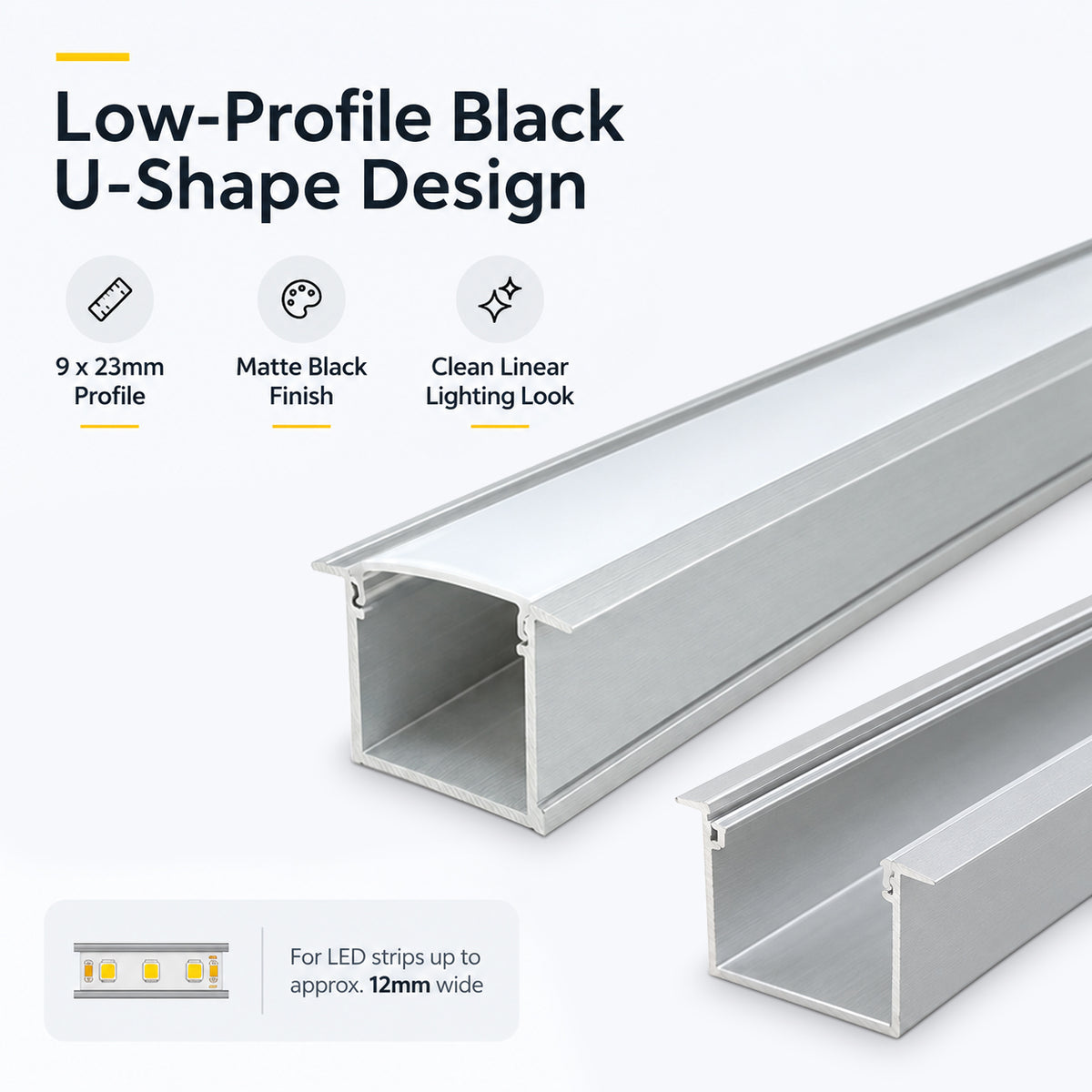 Silber U05 36 x 24 mm U-Form Innenbreite 20 mm LED-Aluminium-Kanalsystem mit Abdeckung, Endkappen und Befestigungsklammern Aluminiumprofil für LED-Lichtstreifen ohne Punktinstallationen