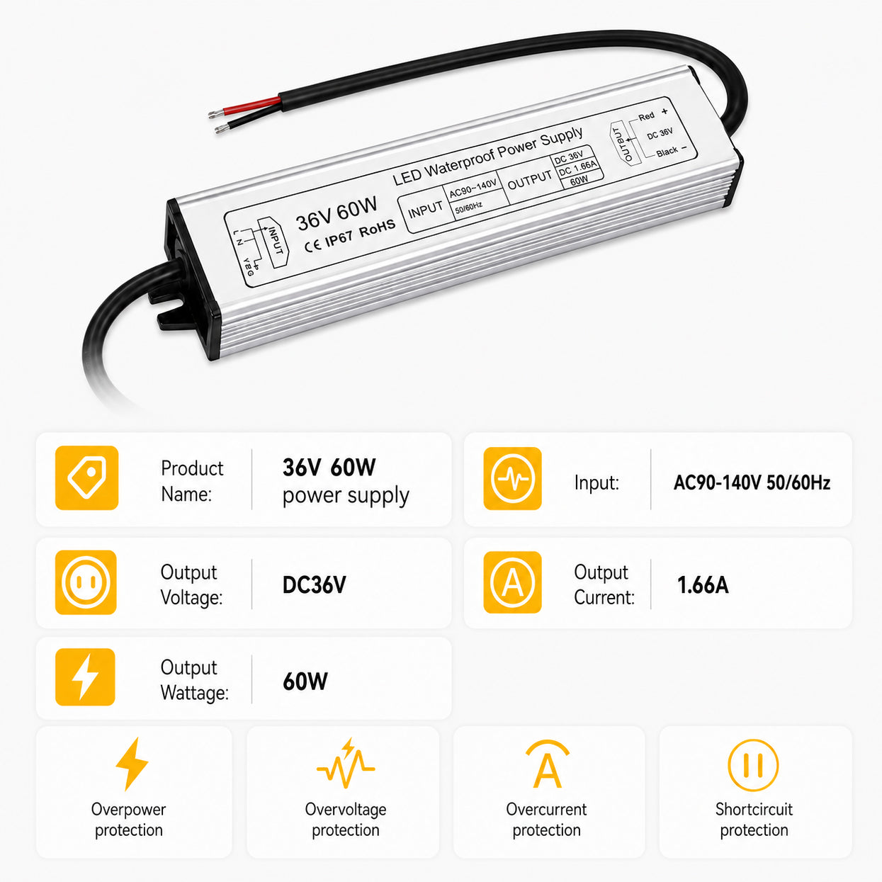 60W 12V/24V/36V/48V Waterproof LED Power Supply, 90-265V Input, Single Output, Aluminum Housing, Outdoor LED Lighting Driver, CE/RoHS/FCC Certified, US/UK/EU Plug