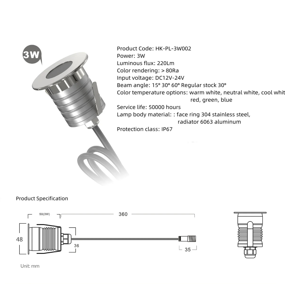 8/10-Pack One Beam Light Low Voltage LED Step Lights – 3000K / 4000K / 6000K | 1W / 3W | DC12–24V | IP67 Waterproof Stainless Steel Step & Path Lights