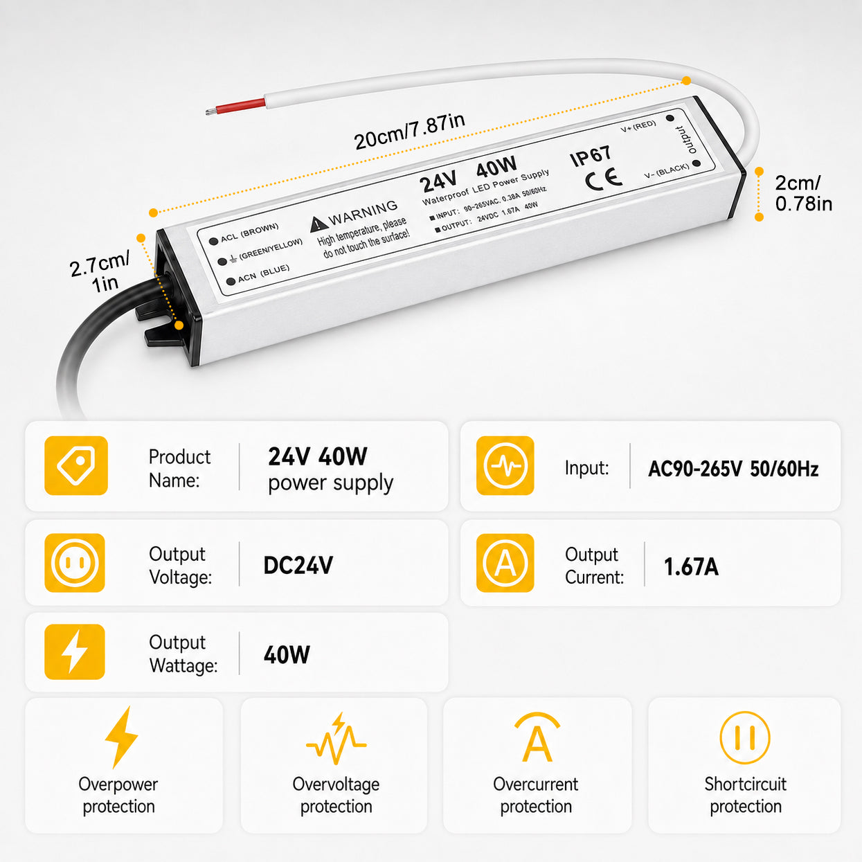 40W 12V/24V Waterproof LED Power Supply, 90-265V Input, Single Output, Aluminum Housing, Outdoor LED Lighting Driver, CE/RoHS/FCC Certified, US/UK/EU Plug